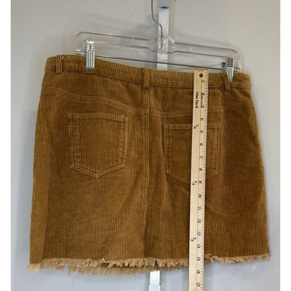 Mittoshop Corduroy Mini Skirt Womens L Brown Tan 100% Cotton Pockets Raw Hem Y2K